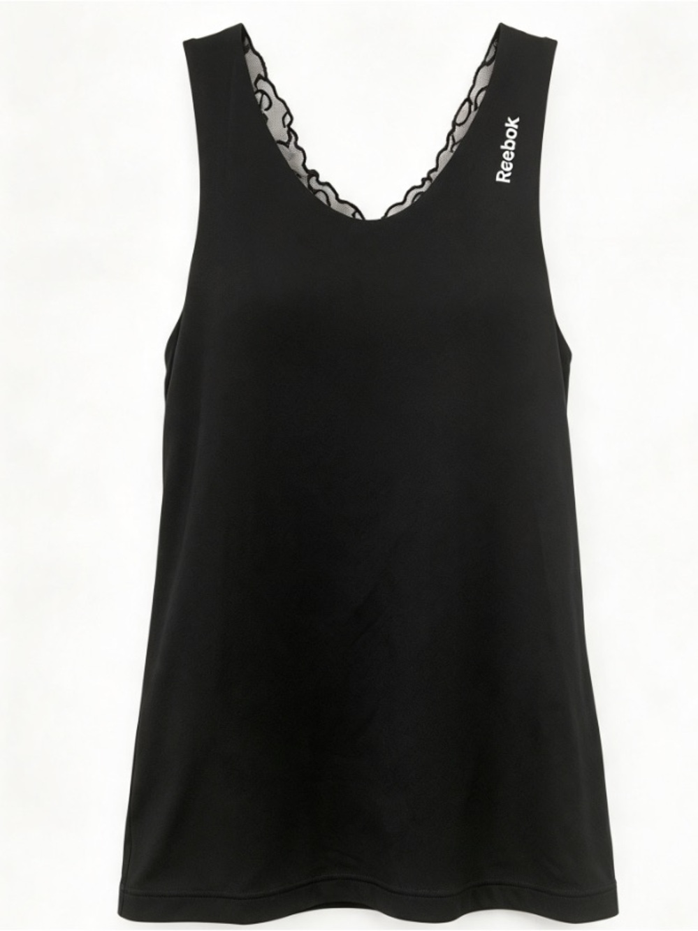 Reebok PlayDry Black Crossback Tank Top Scalloped Trim Sage Straps Small